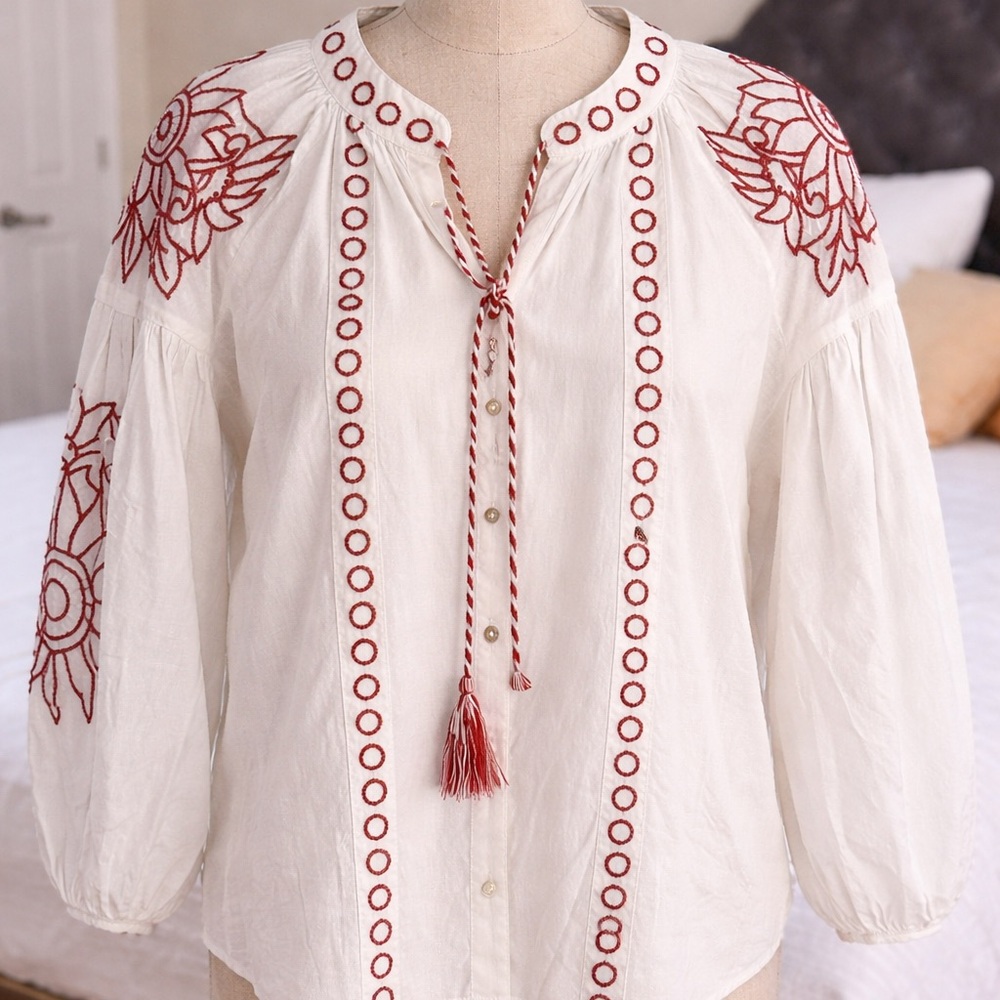 hazel White Blouse with Red Embroidery